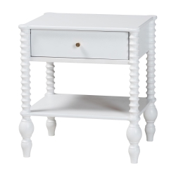 Baxton Studio Callison Spindle Nightstand - 1-Drawer Farmhouse Bedside Table with Open Shelf Storage and Turned Accents for Bedroom, White